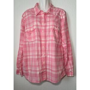Gap Women’s Large Pink & White Plaid Oxford Style Button Down Long Sleeve Shirt